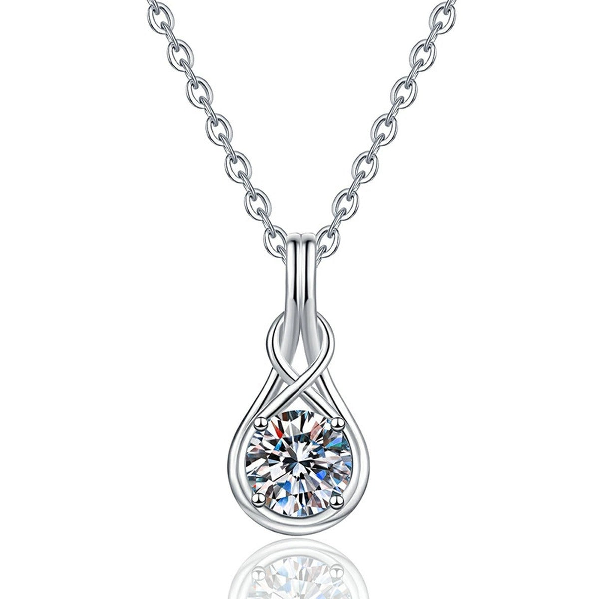 Teardrop Twist Moissanite Pendant Necklace in Platinum-Plated S925 Sterling Silver on clean white background