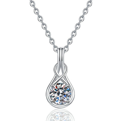 Teardrop Twist Moissanite Pendant Necklace in Platinum-Plated S925 Sterling Silver on clean white background