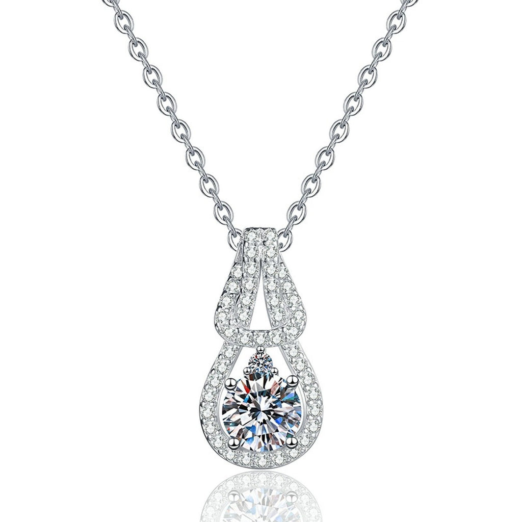 Pave Teardrop Moissanite Pendant Necklace in Platinum-Plated S925 Sterling Silver on clean white background