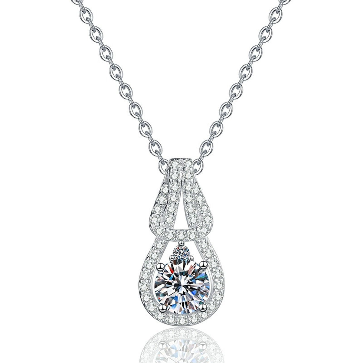 Pave Teardrop Moissanite Pendant Necklace in Platinum-Plated S925 Sterling Silver on clean white background