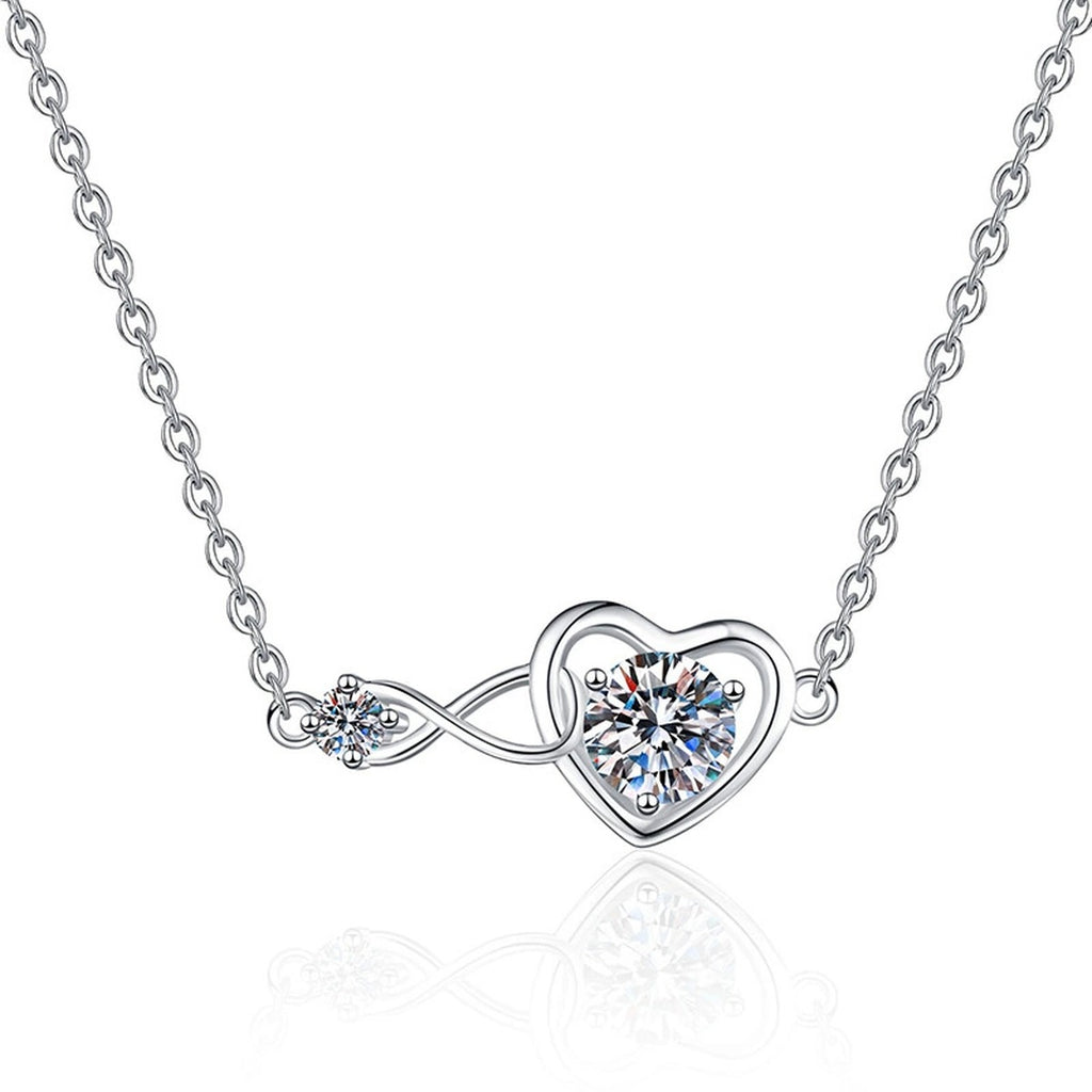 Infinity Heart Moissanite Station Necklace in Platinum-Plated S925 Sterling Silver on clean white background