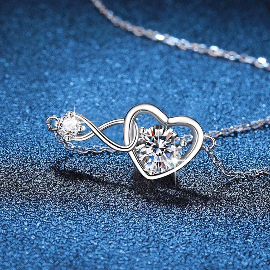 Infinity Heart Moissanite Station Necklace in Platinum-Plated S925 Sterling Silver blue background product view