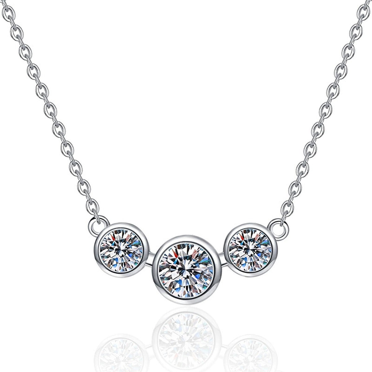 Three-Stone Moissanite Station Necklace in Platinum-Plated S925 Sterling Silver on clean white background