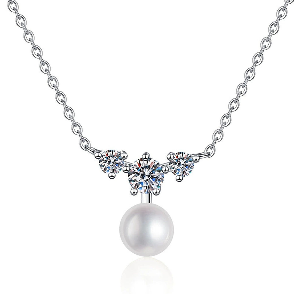 Moissanite Pearl Pendant Necklace in White Gold-Plated S925 Sterling Silver on clean white background showing the pearl pendant balanced with a round moissanite accent