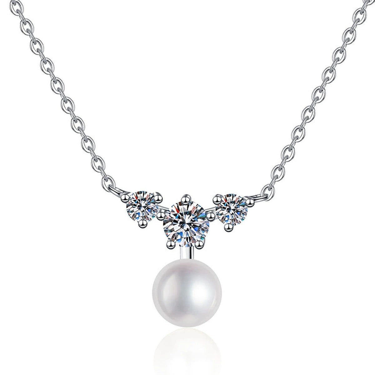 Moissanite Pearl Pendant Necklace in White Gold-Plated S925 Sterling Silver on clean white background showing the pearl pendant balanced with a round moissanite accent