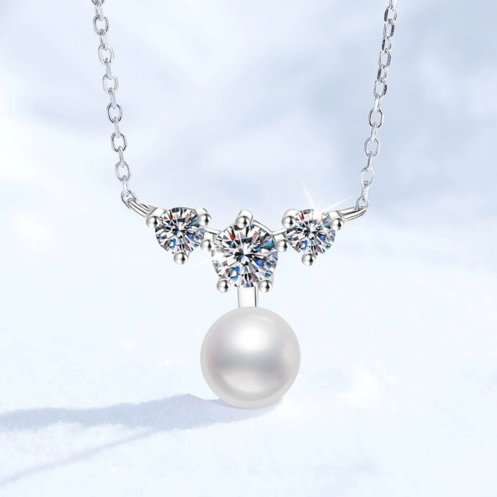 Moissanite Pearl Pendant Necklace in White Gold-Plated S925 Sterling Silver close-up product detail view