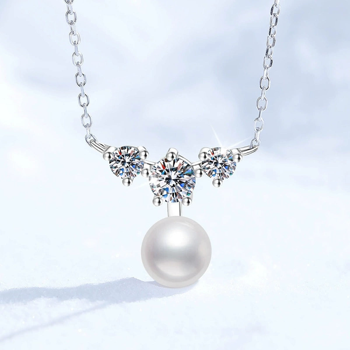 Moissanite Pearl Pendant Necklace in White Gold-Plated S925 Sterling Silver close-up product detail view