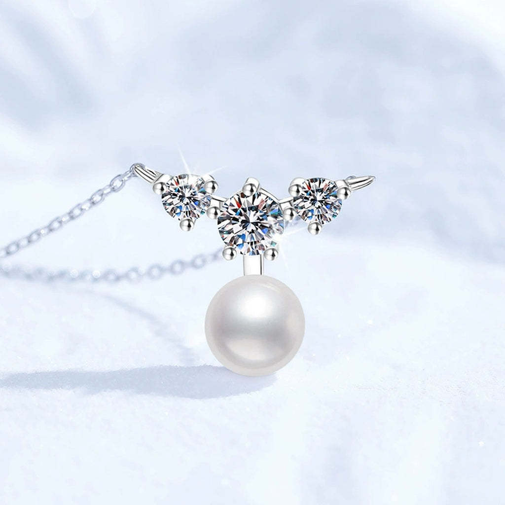Moissanite Pearl Pendant Necklace in White Gold-Plated S925 Sterling Silver close-up product detail view
