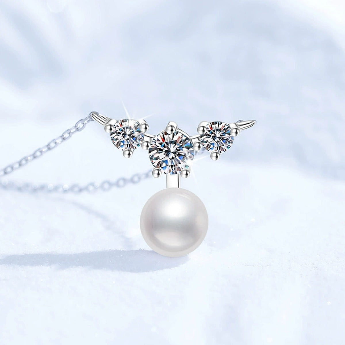 Moissanite Pearl Pendant Necklace in White Gold-Plated S925 Sterling Silver close-up product detail view