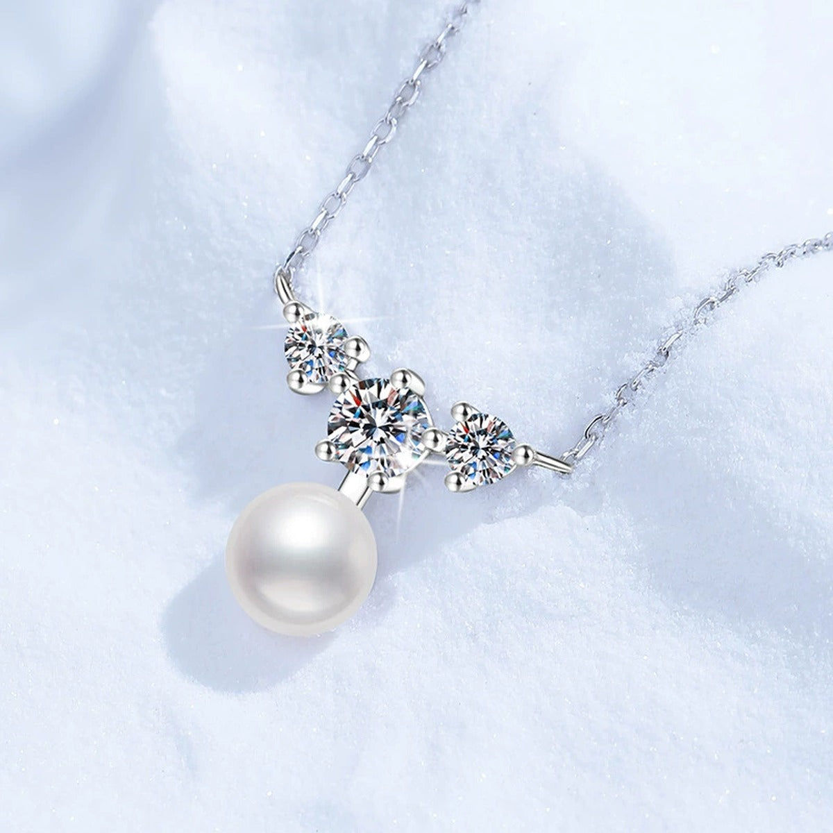 Moissanite Pearl Pendant Necklace in White Gold-Plated S925 Sterling Silver close-up product detail view