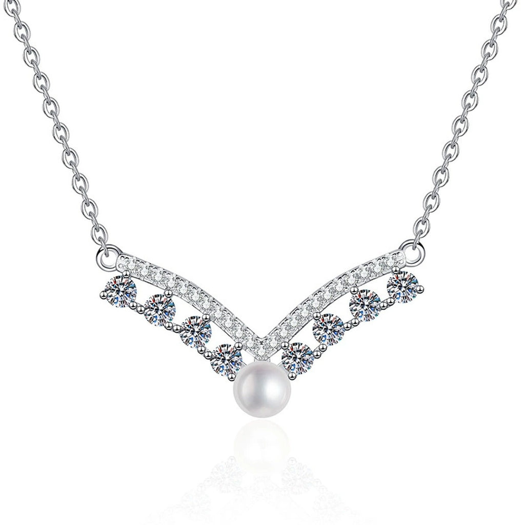Moissanite Pearl Pendant Necklace with Cubic Zirconia in White Gold-Plated S925 Sterling Silver on clean white background showing the elongated pearl pendant with moissanite and cubic zirconia accents