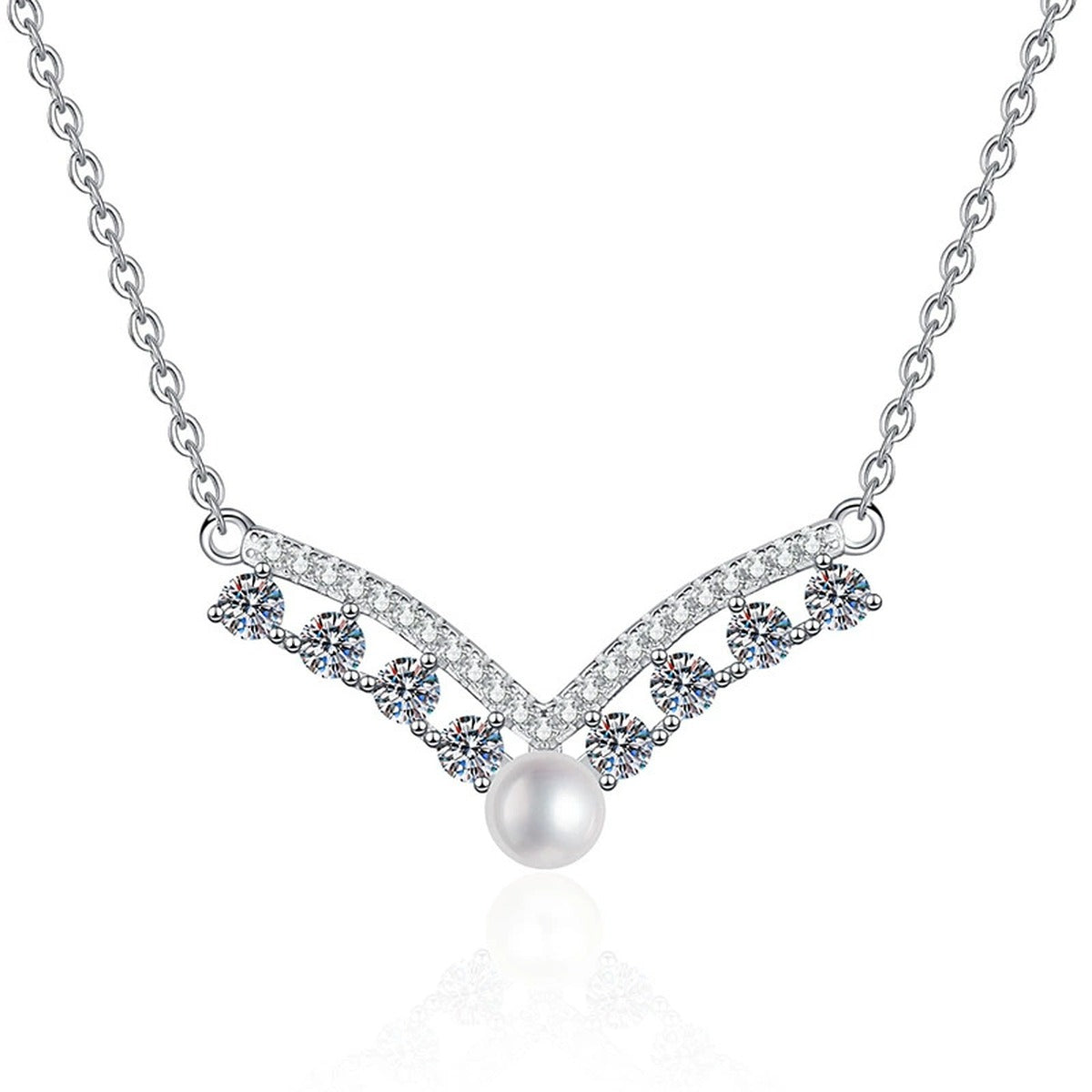 Moissanite Pearl Pendant Necklace with Cubic Zirconia in White Gold-Plated S925 Sterling Silver on clean white background showing the elongated pearl pendant with moissanite and cubic zirconia accents