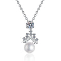 Moissanite Pearl Pendant Necklace with Cubic Zirconia in White Gold-Plated S925 Sterling Silver on clean white background showing the pearl pendant with round moissanite and cubic zirconia accents