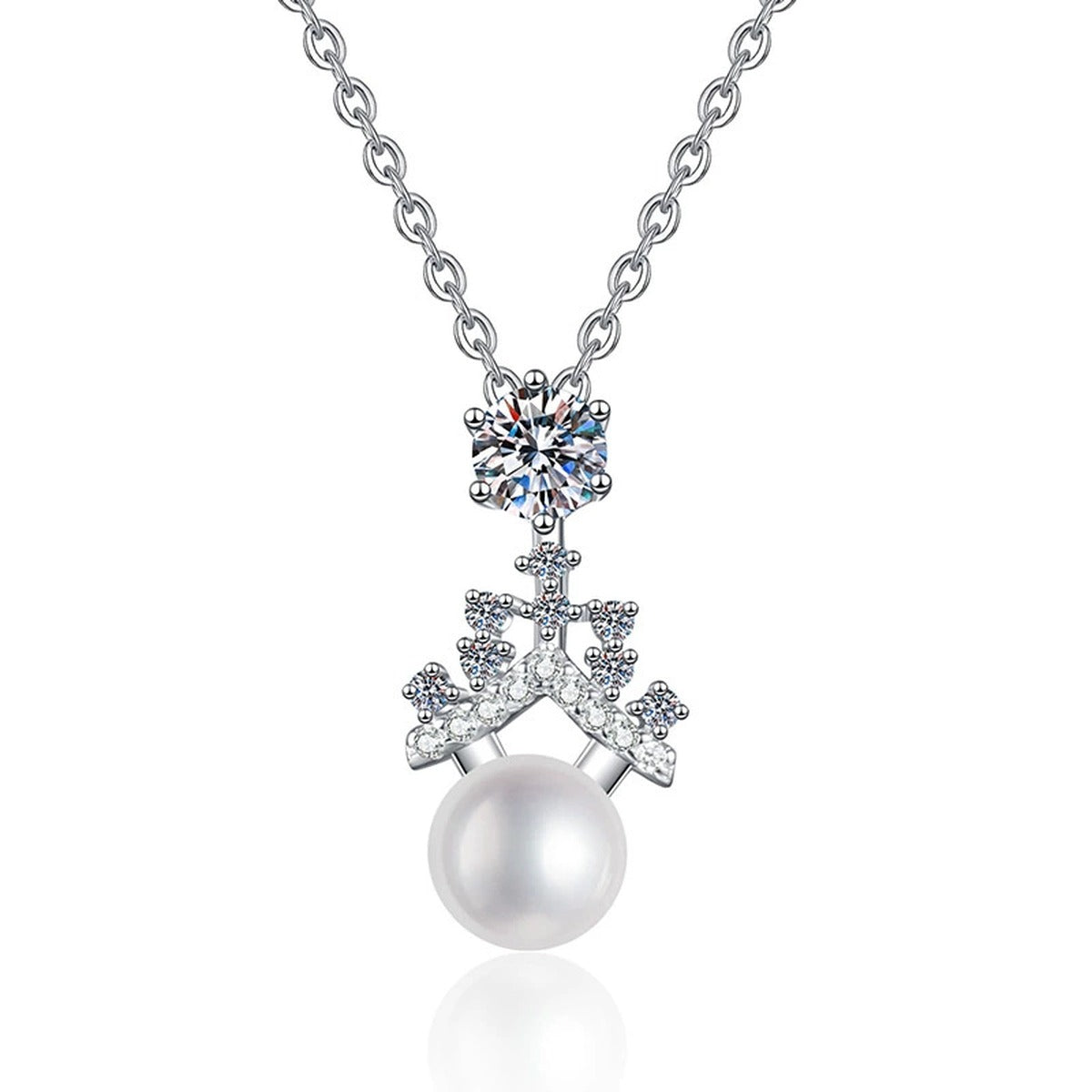 Moissanite Pearl Pendant Necklace with Cubic Zirconia in White Gold-Plated S925 Sterling Silver on clean white background showing the pearl pendant with round moissanite and cubic zirconia accents