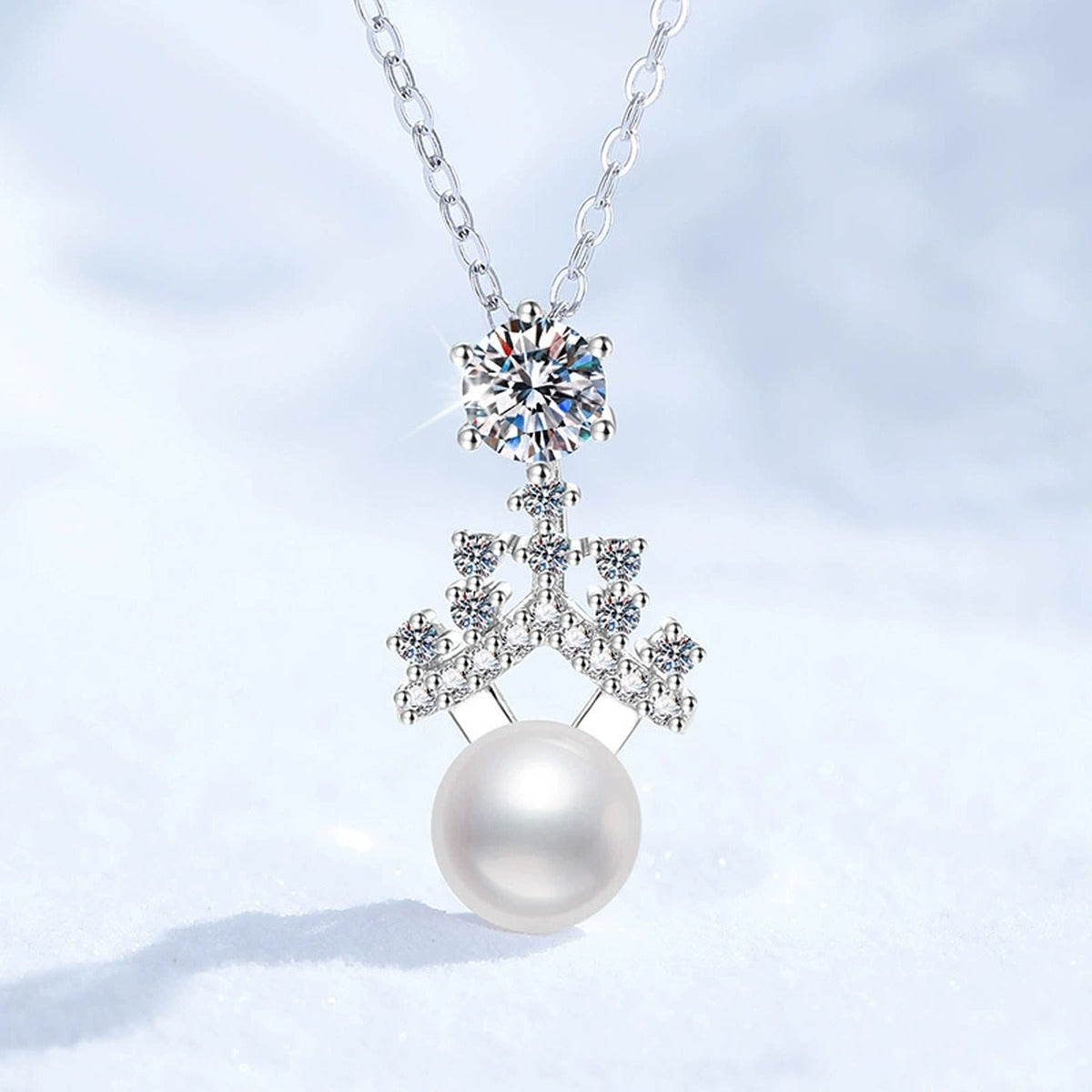 Moissanite Pearl Pendant Necklace with Cubic Zirconia in White Gold-Plated S925 Sterling Silver close-up product detail view