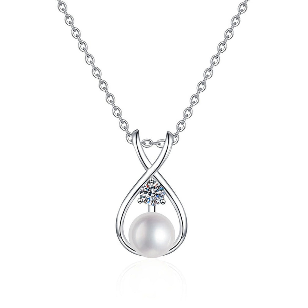 Moissanite Pearl Pendant Necklace in White Gold-Plated S925 Sterling Silver on clean white background showing the pearl pendant with a round moissanite accent