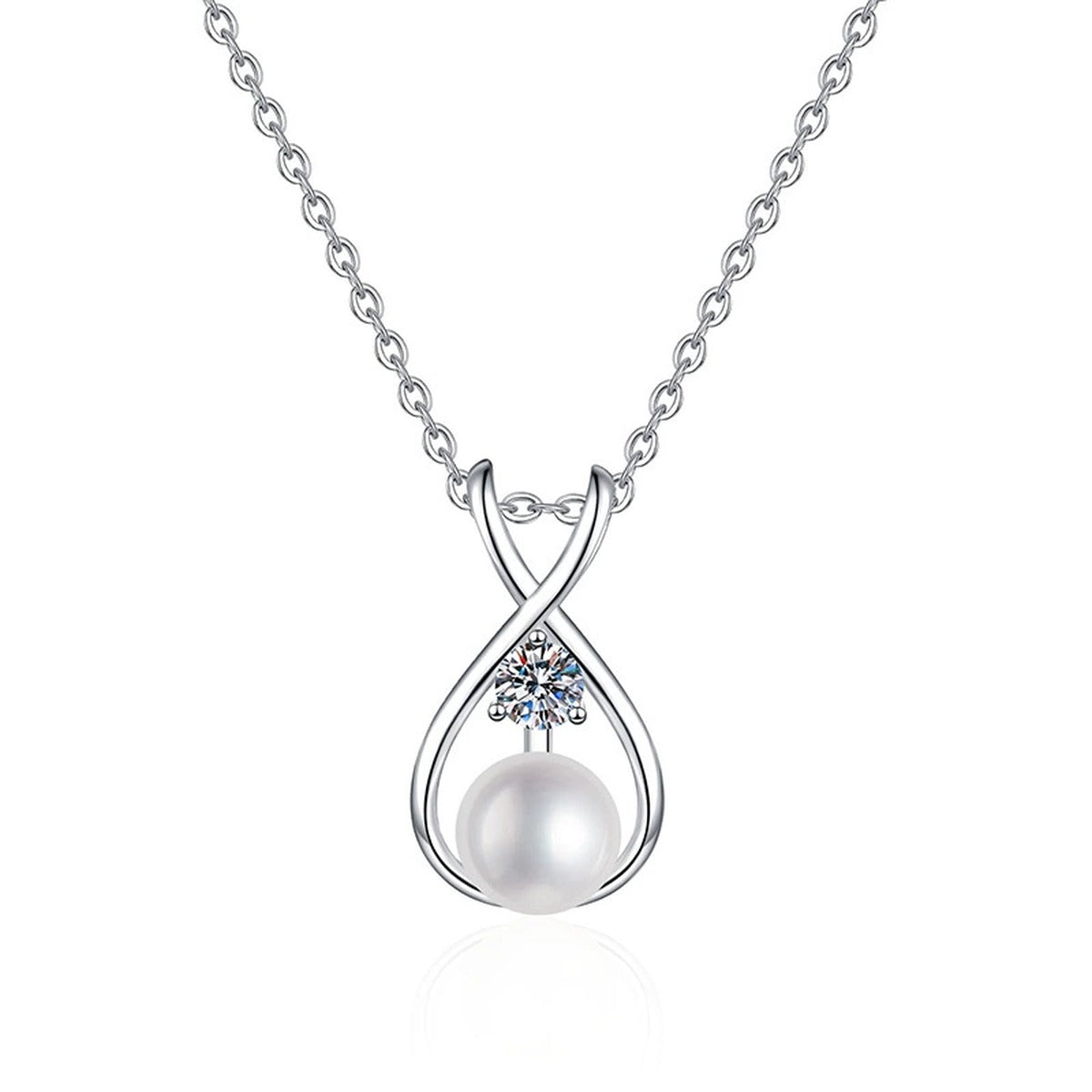 Moissanite Pearl Pendant Necklace in White Gold-Plated S925 Sterling Silver on clean white background showing the pearl pendant with a round moissanite accent