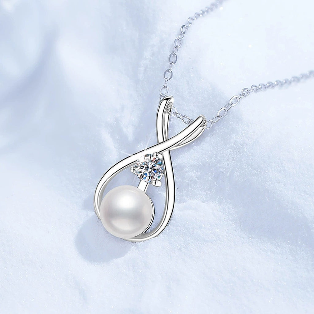 Moissanite Pearl Pendant Necklace in White Gold-Plated S925 Sterling Silver close-up product detail view