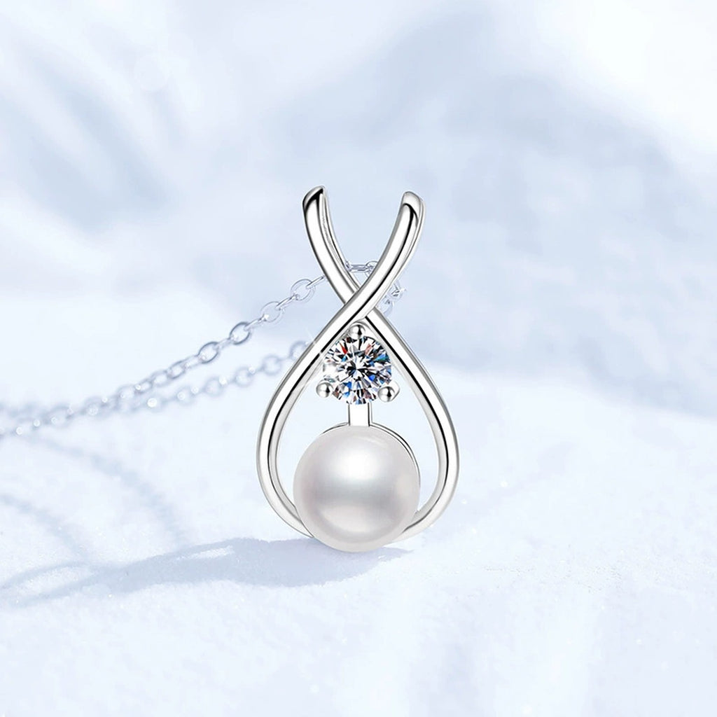 Moissanite Pearl Pendant Necklace in White Gold-Plated S925 Sterling Silver close-up product detail view