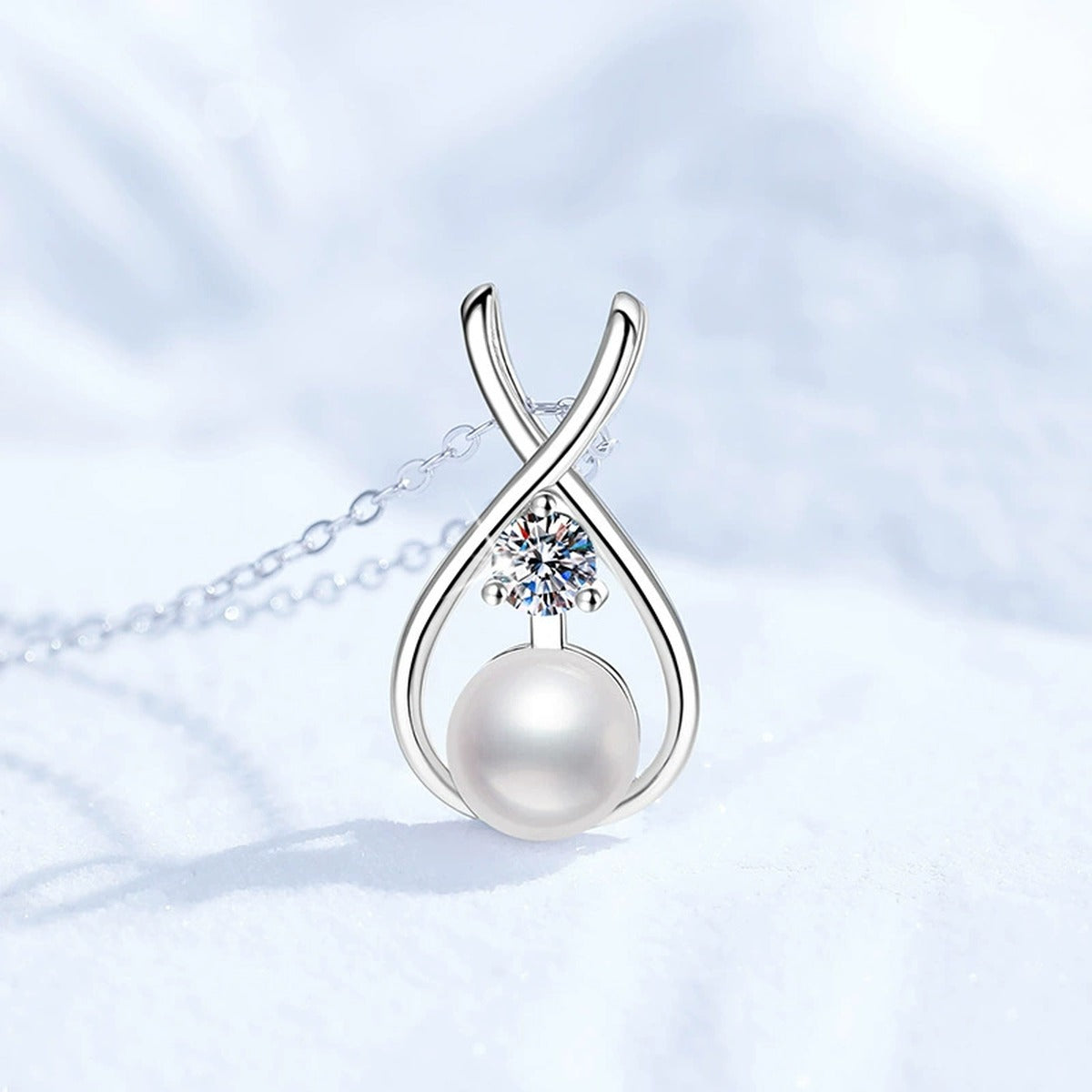 Moissanite Pearl Pendant Necklace in White Gold-Plated S925 Sterling Silver close-up product detail view