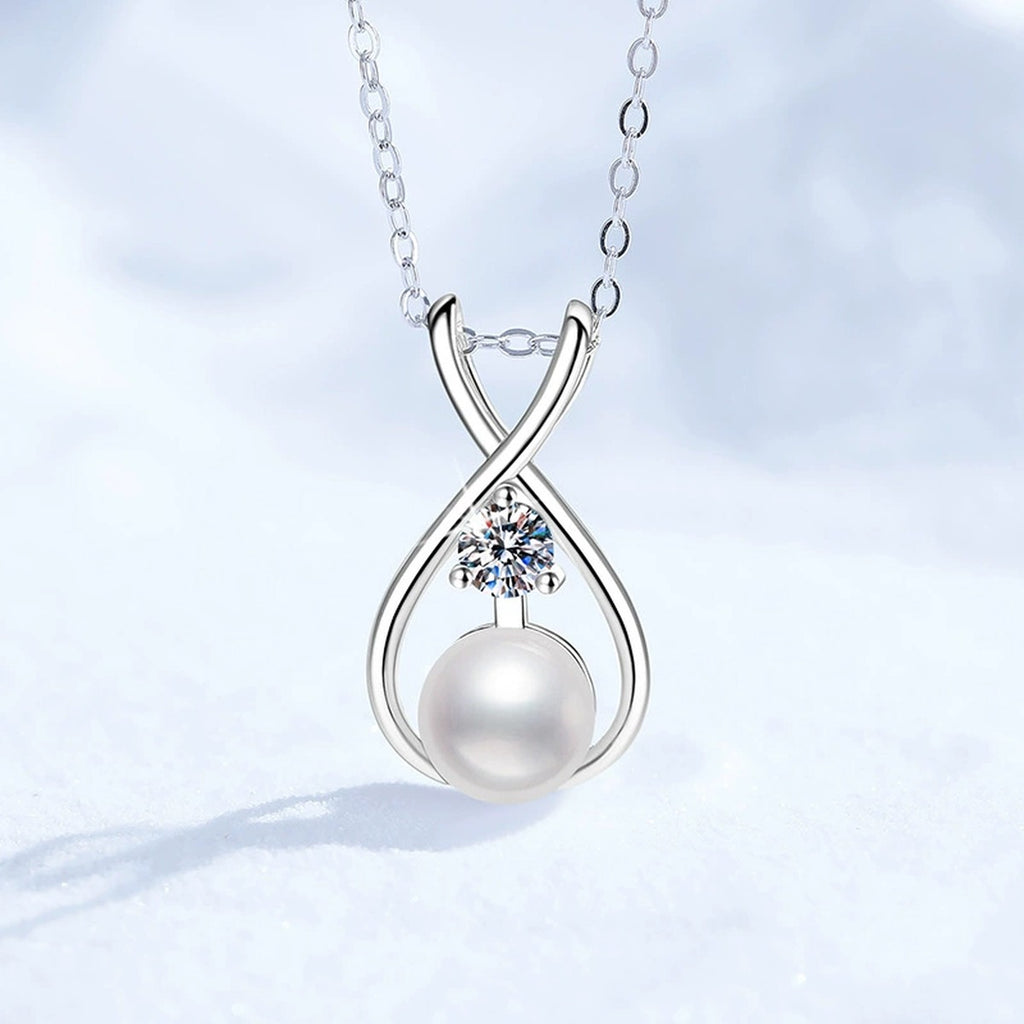 Moissanite Pearl Pendant Necklace in White Gold-Plated S925 Sterling Silver close-up product detail view