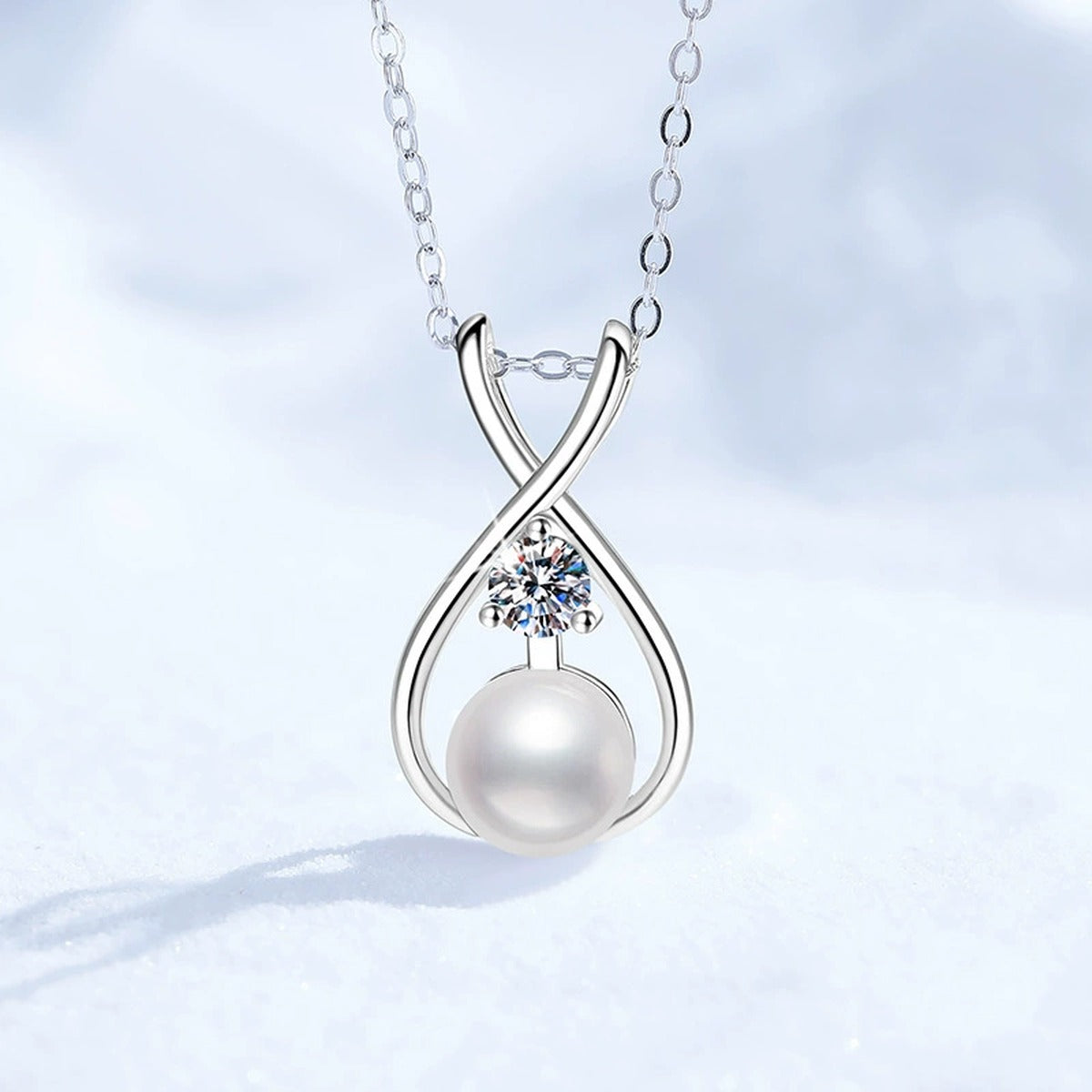 Moissanite Pearl Pendant Necklace in White Gold-Plated S925 Sterling Silver close-up product detail view