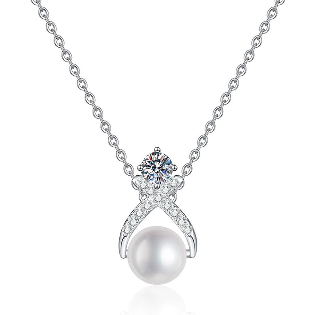 Moissanite Pearl Pendant Necklace with Cubic Zirconia in White Gold-Plated S925 Sterling Silver on clean white background showing the pearl pendant with a round moissanite and cubic zirconia detail