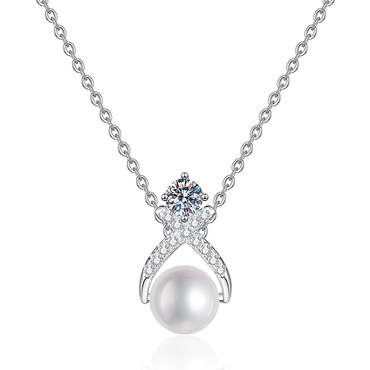 Moissanite Pearl Pendant Necklace with Cubic Zirconia in White Gold-Plated S925 Sterling Silver on clean white background showing the pearl pendant with a round moissanite and cubic zirconia detail