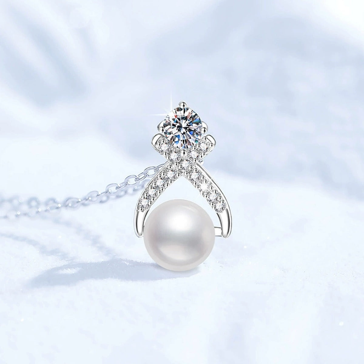 Moissanite Pearl Pendant Necklace with Cubic Zirconia in White Gold-Plated S925 Sterling Silver close-up product detail view