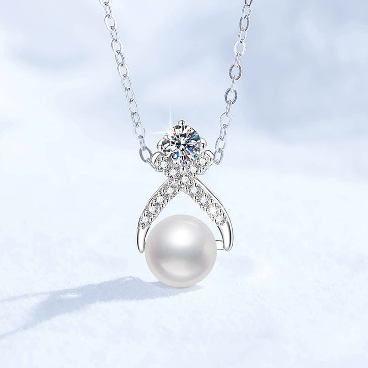 Moissanite Pearl Pendant Necklace with Cubic Zirconia in White Gold-Plated S925 Sterling Silver close-up product detail view