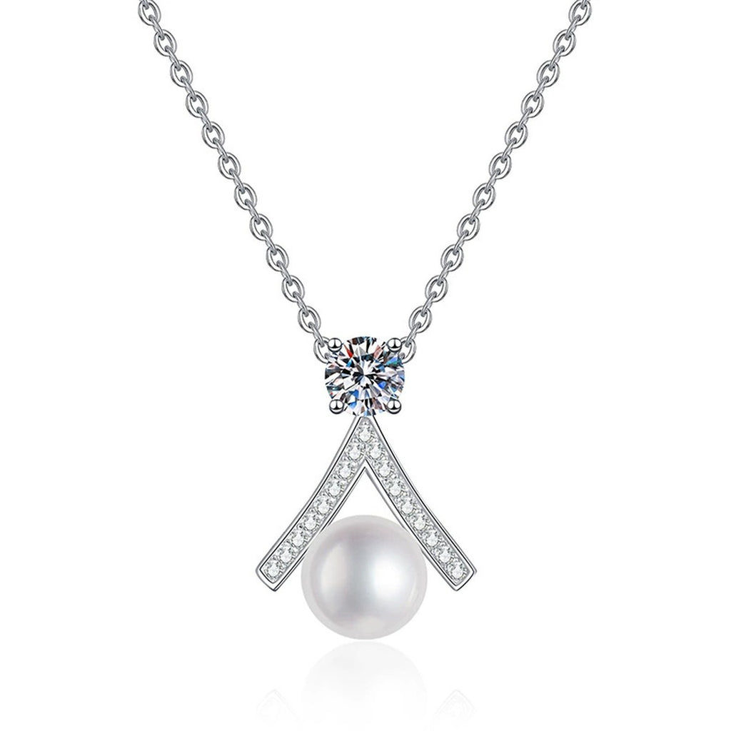 Moissanite Pearl Pendant Necklace with Cubic Zirconia in White Gold-Plated S925 Sterling Silver on clean white background showing the pearl pendant with round moissanite and cubic zirconia accents