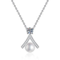 Moissanite Pearl Pendant Necklace with Cubic Zirconia in White Gold-Plated S925 Sterling Silver on clean white background showing the pearl pendant with round moissanite and cubic zirconia accents