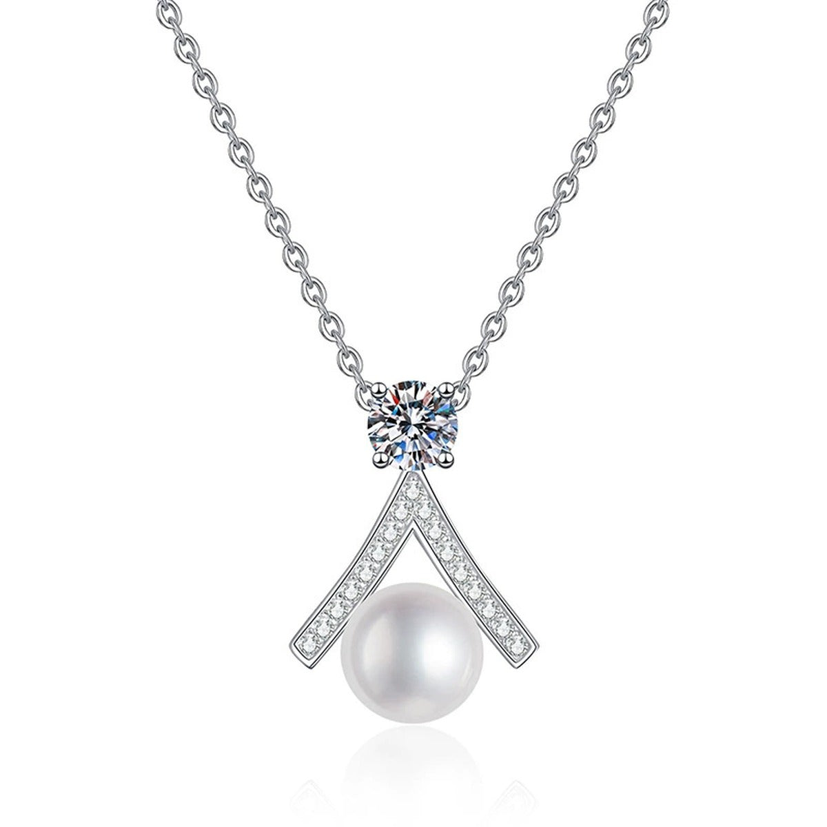 Moissanite Pearl Pendant Necklace with Cubic Zirconia in White Gold-Plated S925 Sterling Silver on clean white background showing the pearl pendant with round moissanite and cubic zirconia accents