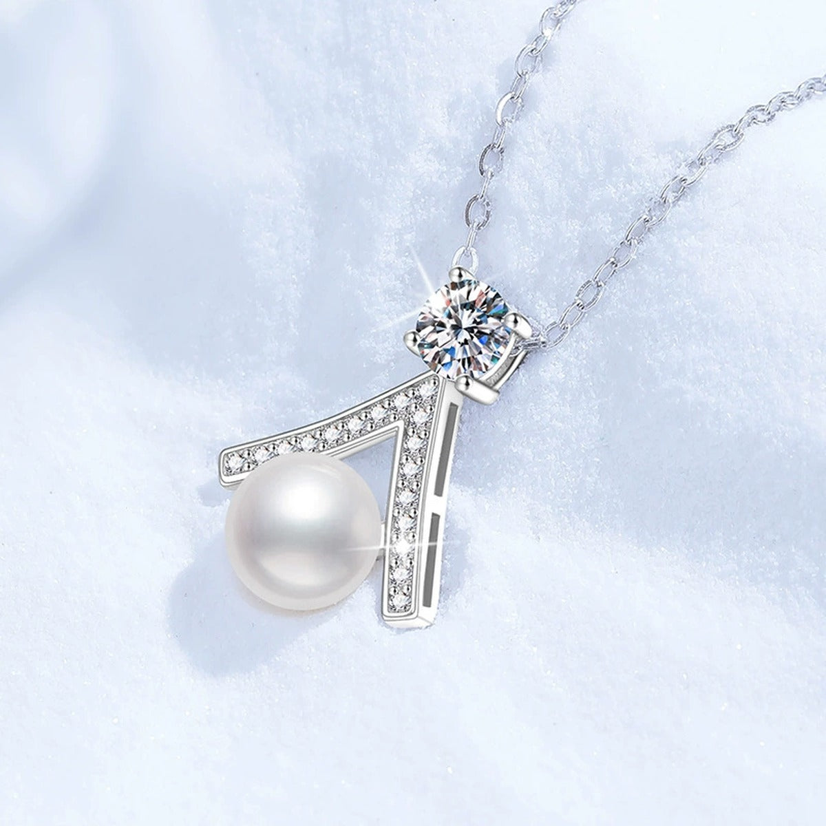 Moissanite Pearl Pendant Necklace with Cubic Zirconia in White Gold-Plated S925 Sterling Silver close-up product detail view