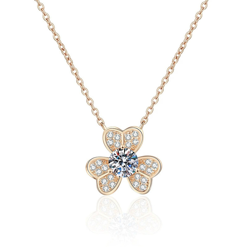 Four-Leaf Clover Moissanite Pendant Necklace in Champagne Gold-Plated S925 Sterling Silver on clean white background