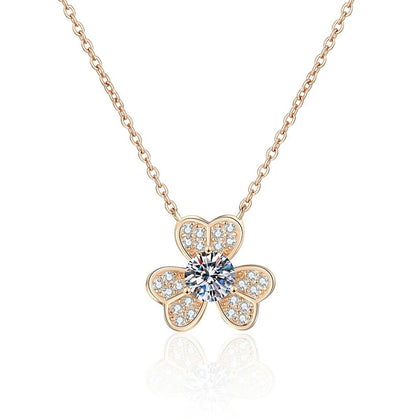 Four-Leaf Clover Moissanite Pendant Necklace in Champagne Gold-Plated S925 Sterling Silver on clean white background