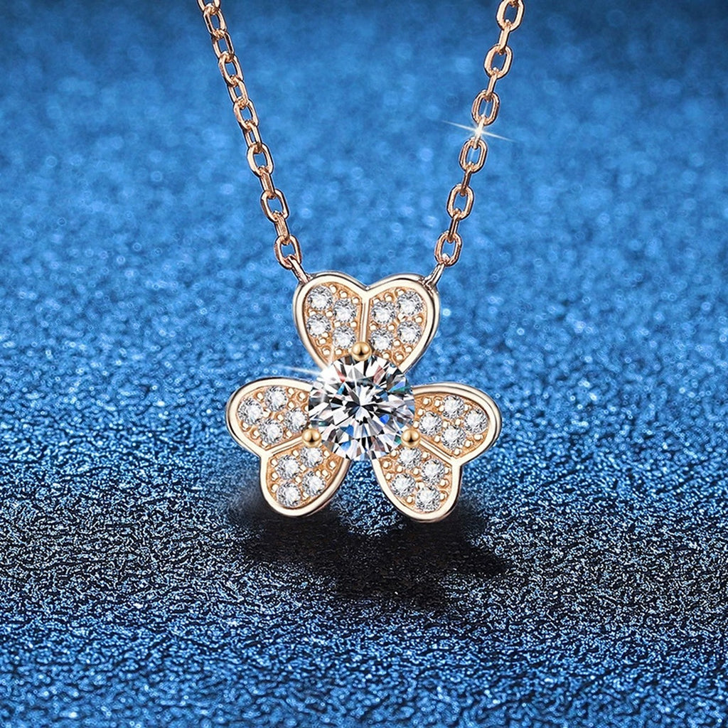 Four-Leaf Clover Moissanite Pendant Necklace in Champagne Gold-Plated S925 Sterling Silver blue background product view