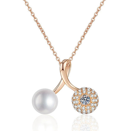 Moissanite Pearl Pendant Necklace with Cubic Zirconia in Gold-Plated S925 Sterling Silver on clean white background showing the pearl pendant with moissanite and cubic zirconia detail
