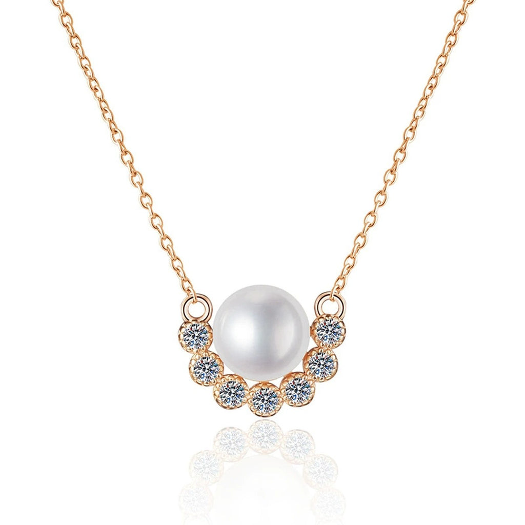 Curved Moissanite Freshwater Pearl Pendant Necklace in White Gold-Plated S925 Sterling Silver on clean white background showing the curved pendant with a freshwater pearl and lower arc of moissanite detail
