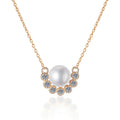 Curved Moissanite Freshwater Pearl Pendant Necklace in White Gold-Plated S925 Sterling Silver on clean white background showing the curved pendant with a freshwater pearl and lower arc of moissanite detail