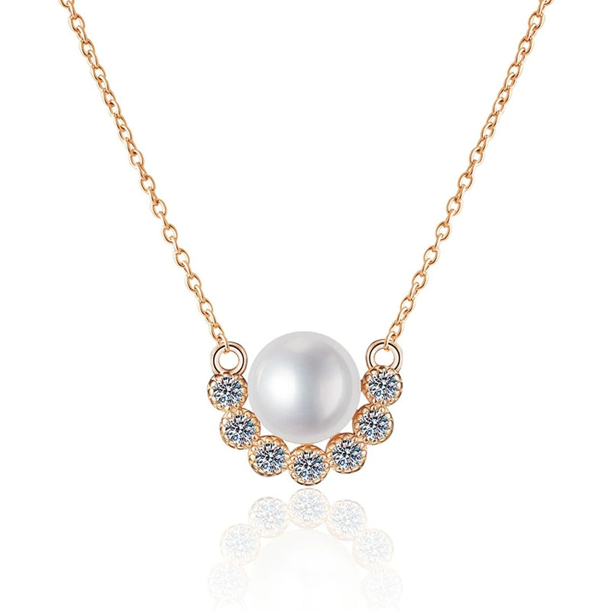 Curved Moissanite Freshwater Pearl Pendant Necklace in White Gold-Plated S925 Sterling Silver on clean white background showing the curved pendant with a freshwater pearl and lower arc of moissanite detail