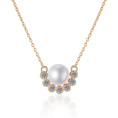 Curved Moissanite Freshwater Pearl Pendant Necklace in White Gold-Plated S925 Sterling Silver on clean white background showing the curved pendant with a freshwater pearl and lower arc of moissanite detail