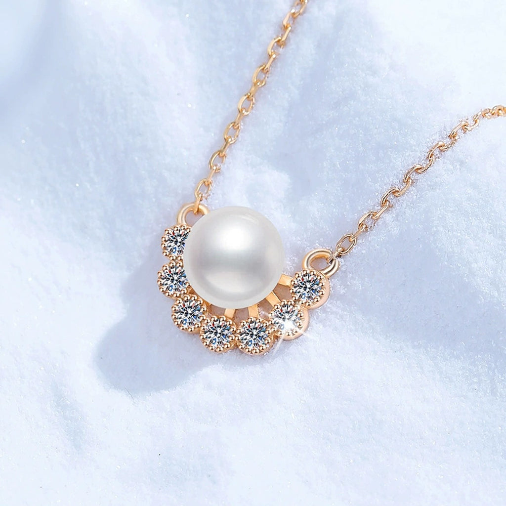 Curved Moissanite Freshwater Pearl Pendant Necklace in White Gold-Plated S925 Sterling Silver blue background product view