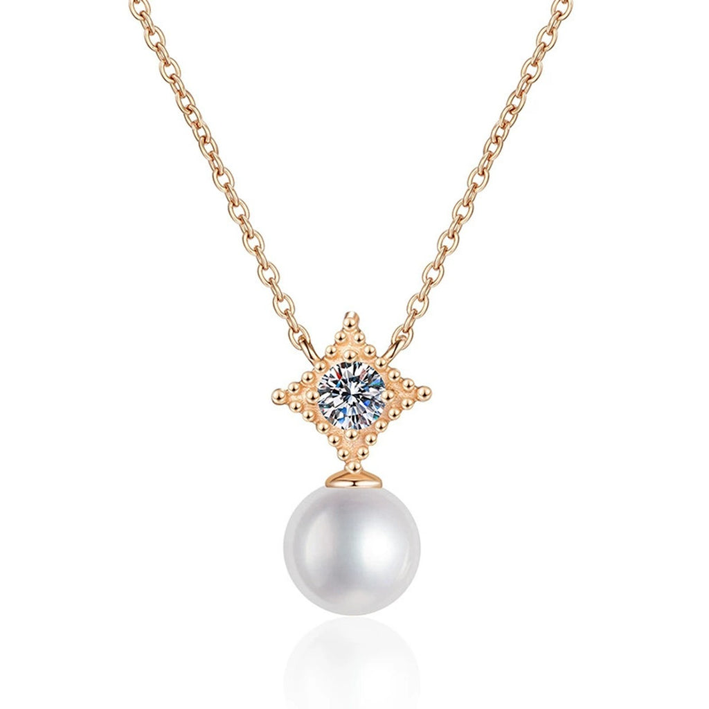Starburst Moissanite Freshwater Pearl Pendant Necklace in White Gold-Plated S925 Sterling Silver on clean white background showing the starburst bail pendant with a freshwater pearl drop