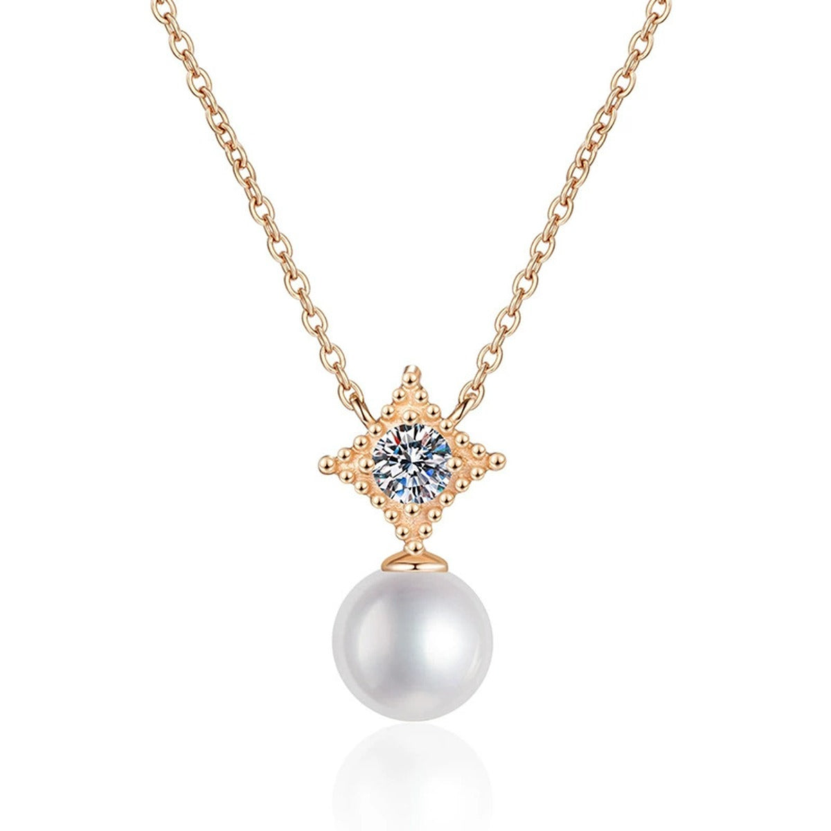 Starburst Moissanite Freshwater Pearl Pendant Necklace in White Gold-Plated S925 Sterling Silver on clean white background showing the starburst bail pendant with a freshwater pearl drop