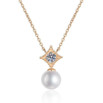 Starburst Moissanite Freshwater Pearl Pendant Necklace in White Gold-Plated S925 Sterling Silver on clean white background showing the starburst bail pendant with a freshwater pearl drop