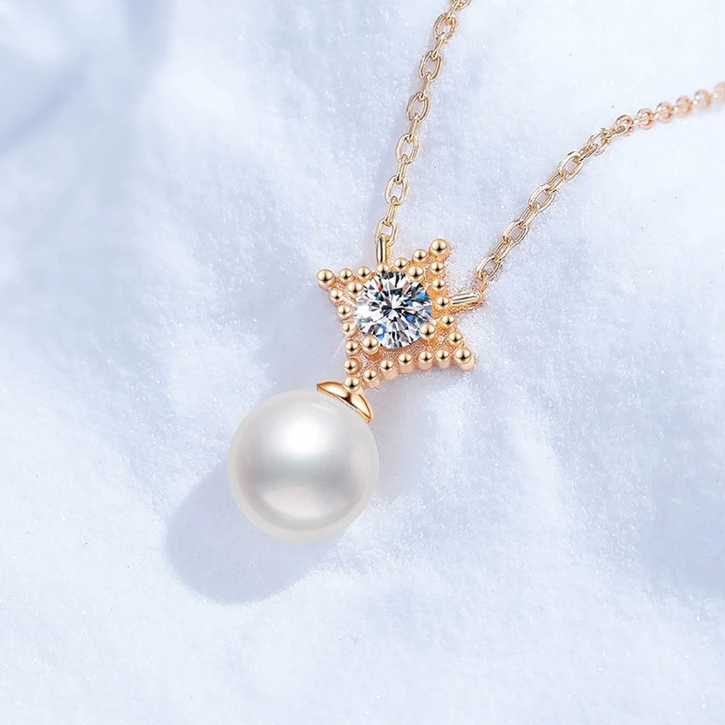 Starburst Moissanite Freshwater Pearl Pendant Necklace in White Gold-Plated S925 Sterling Silver close-up product detail view