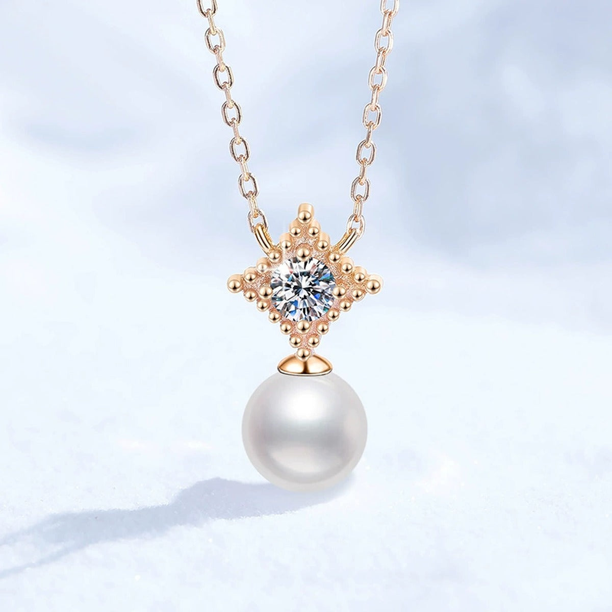 Starburst Moissanite Freshwater Pearl Pendant Necklace in White Gold-Plated S925 Sterling Silver close-up product detail view