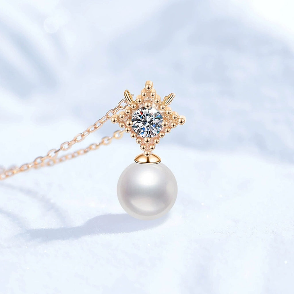 Starburst Moissanite Freshwater Pearl Pendant Necklace in White Gold-Plated S925 Sterling Silver close-up product detail view
