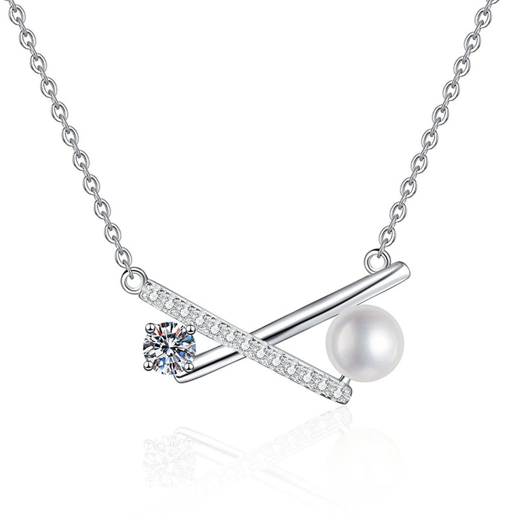 Bar Moissanite Freshwater Pearl Pendant Necklace with Cubic Zirconia in White Gold-Plated S925 Sterling Silver on clean white background showing the vertical bar pendant with a freshwater pearl and moissanite accent